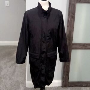 Eddie Bauer Black knee length Trench coat with zip and snap closure size medium.